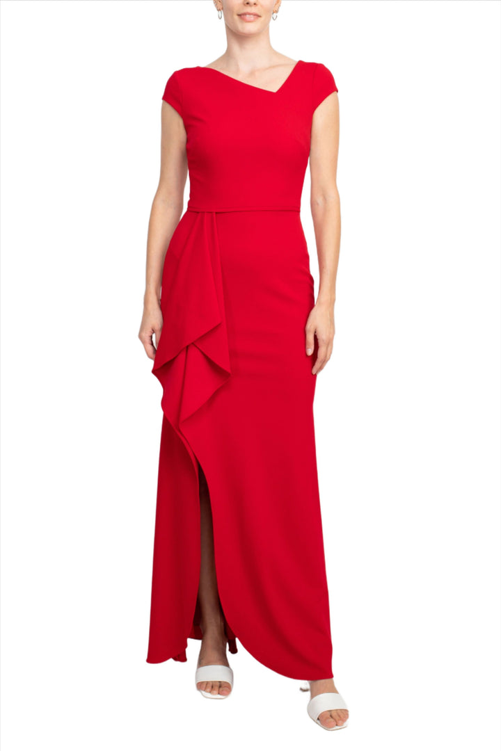 Betsey and Adam Asymmetrical Neck Cap Sleeve Flutter Side Slit Side Zipper Back Solid Scuba Dress by Curated Brands