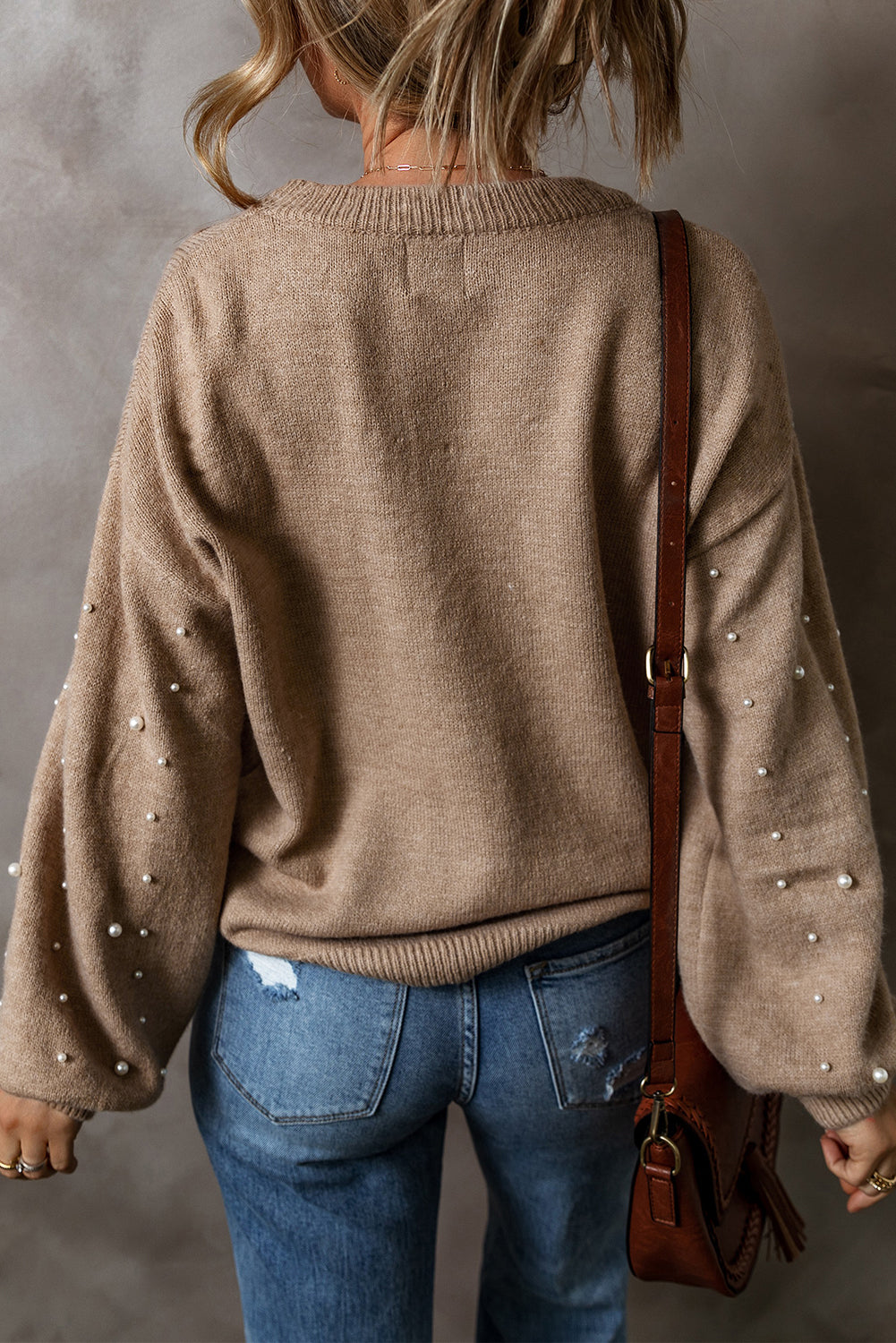 Pearled Drop Shoulder Round Neck Sweater by Poppy Lee Lane