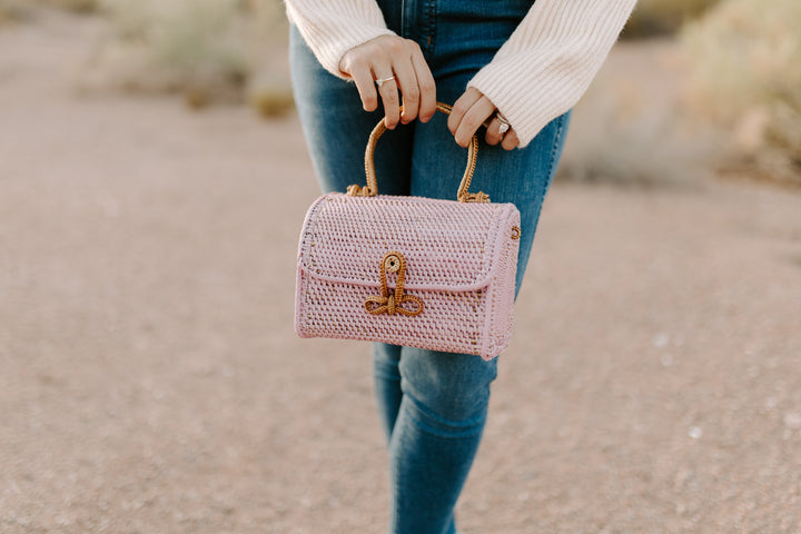 ALICE RATTAN HANDBAG IN PINK by POPPY + SAGE