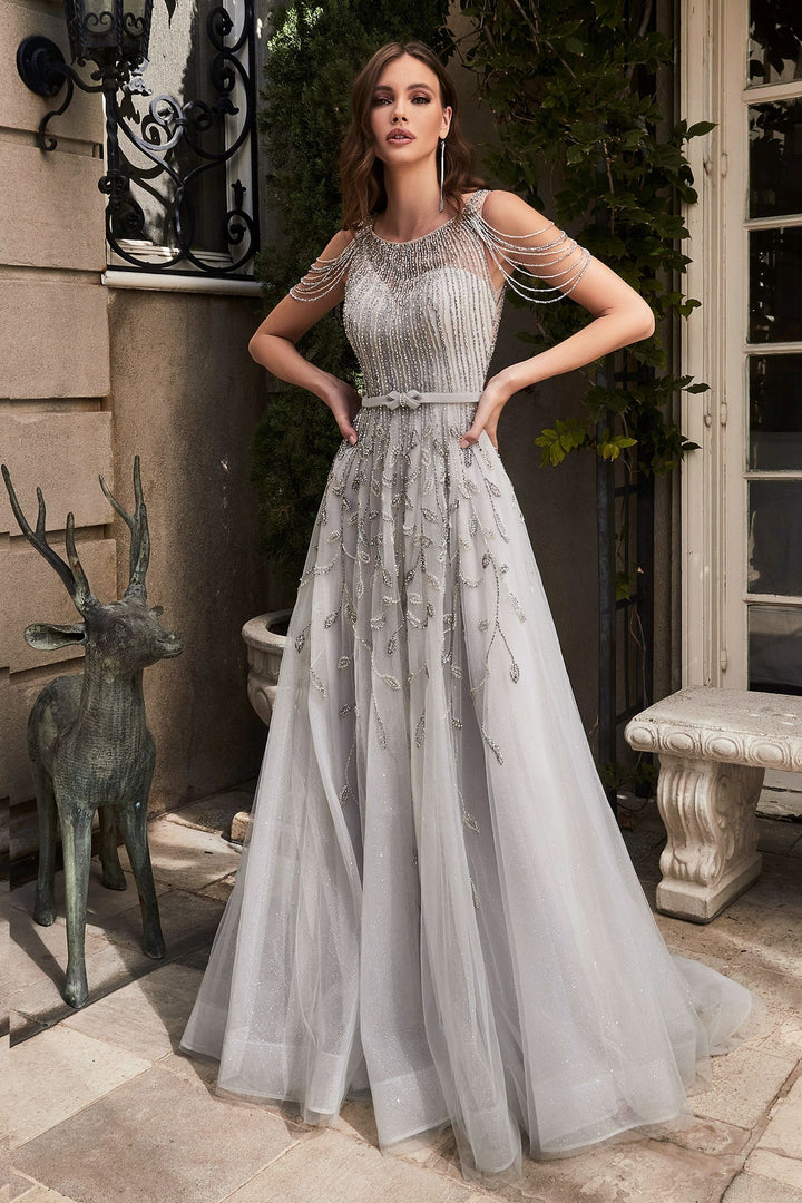 Beaded Silver Luxury Formal Sheer Back Bodice Elegant Royal Silver Prom Dress CDB710