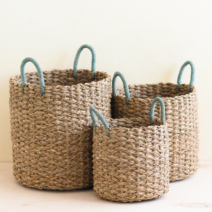 Seagrass Woven Baskets with Sky Blue Handle Set of 3 - Straw Baskets | LIKHÂ by LIKHÂ