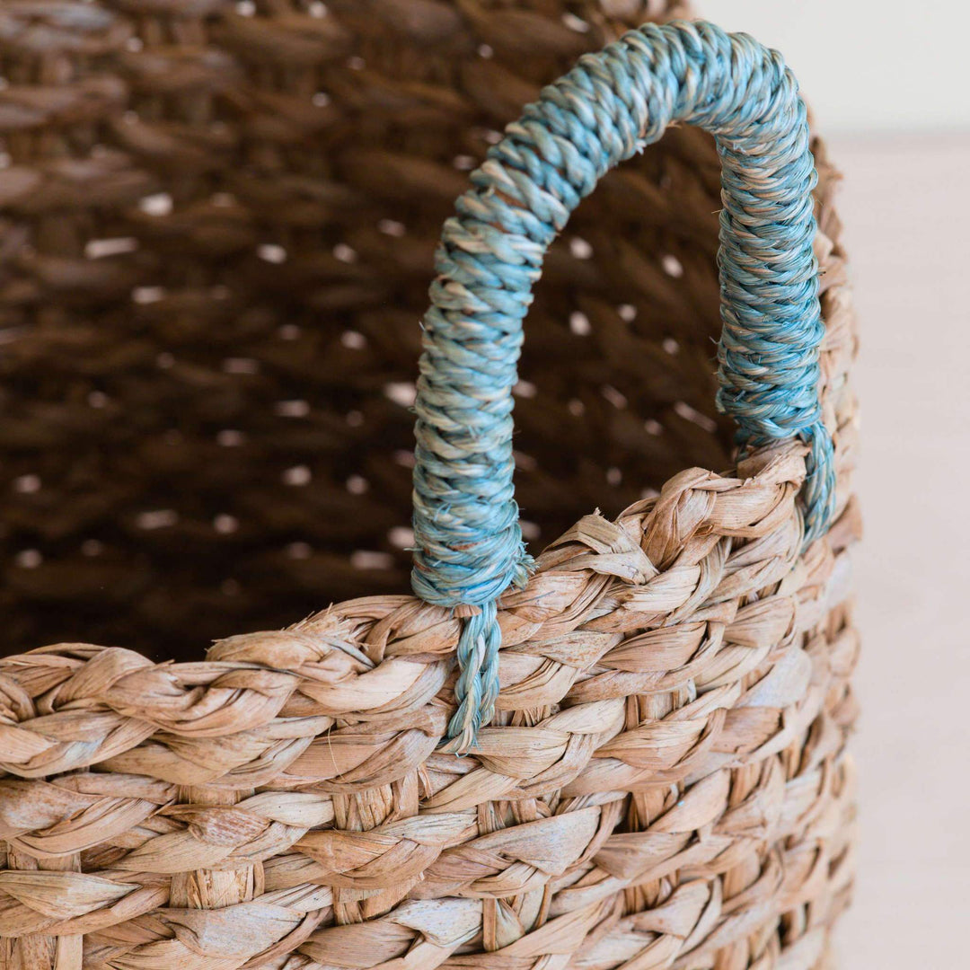 Seagrass Woven Baskets with Sky Blue Handle Set of 3 - Straw Baskets | LIKHÂ by LIKHÂ