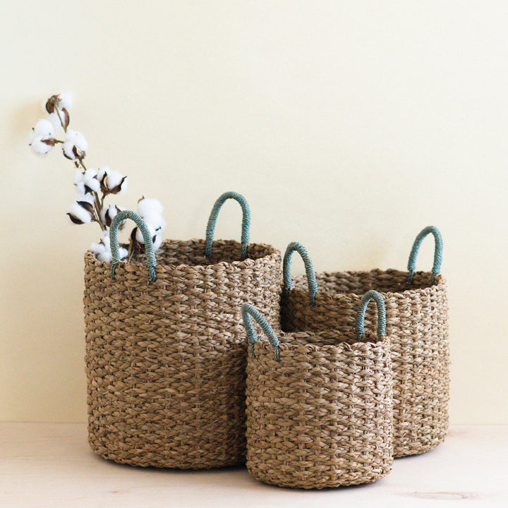 Seagrass Woven Baskets with Sky Blue Handle Set of 3 - Straw Baskets | LIKHÂ by LIKHÂ