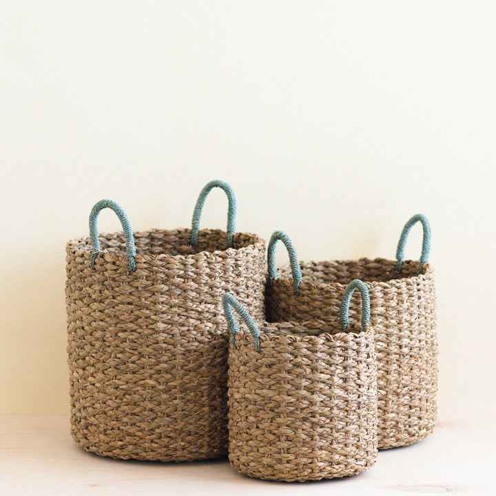 Seagrass Woven Baskets with Sky Blue Handle Set of 3 - Straw Baskets | LIKHÂ by LIKHÂ