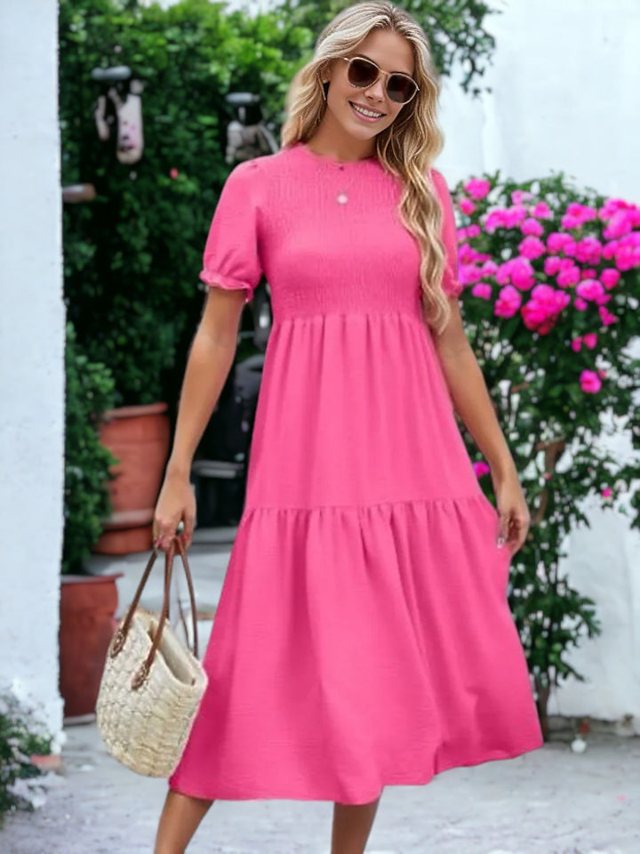 Round Neck Smocked Short-Sleeved Dress