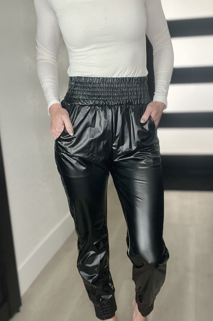 Smocked High-Waist Leather Skinny Pants