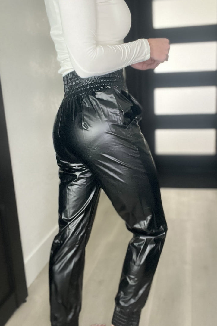 Smocked High-Waist Leather Skinny Pants