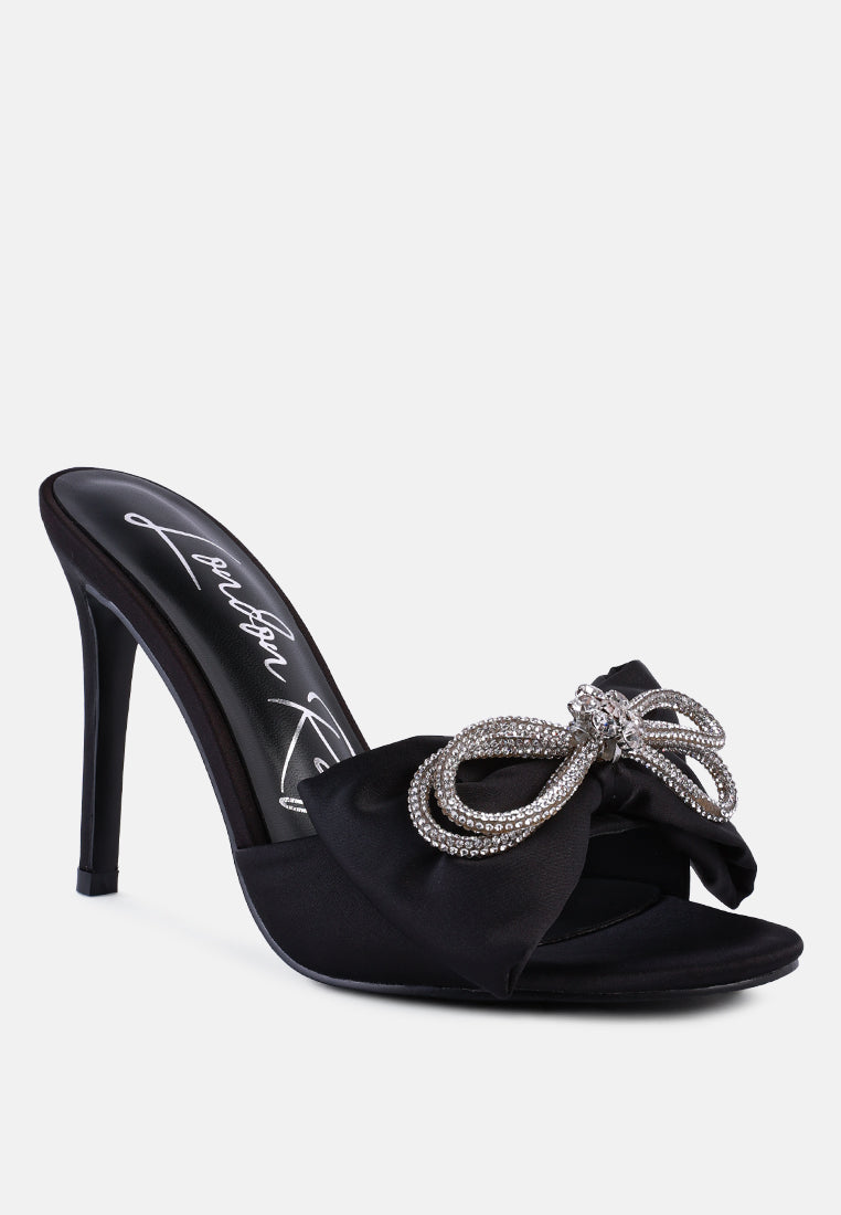 brag in rhinestone embellished bow satin heels by London Rag