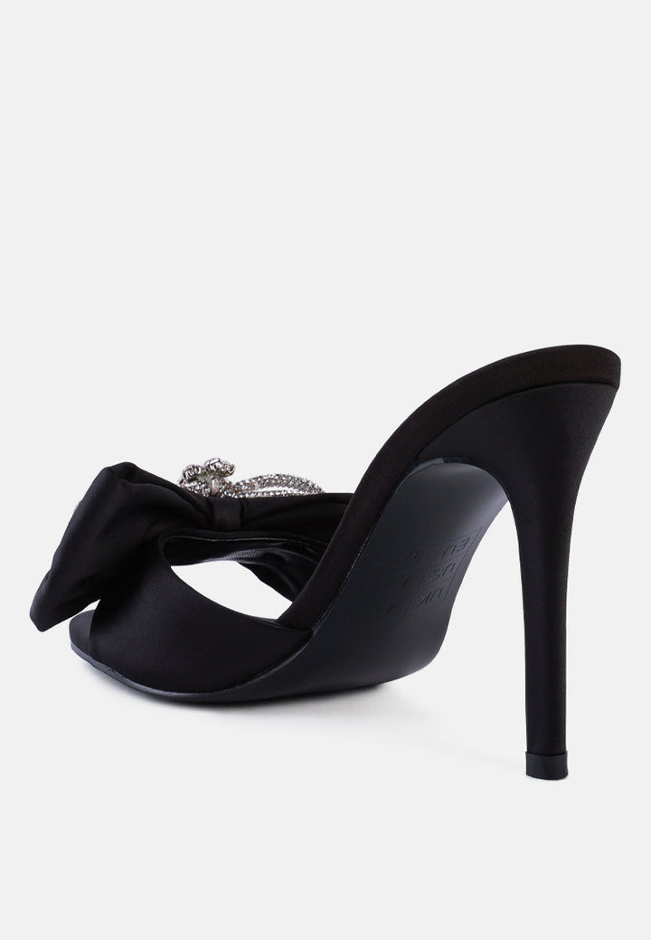 brag in rhinestone embellished bow satin heels by London Rag