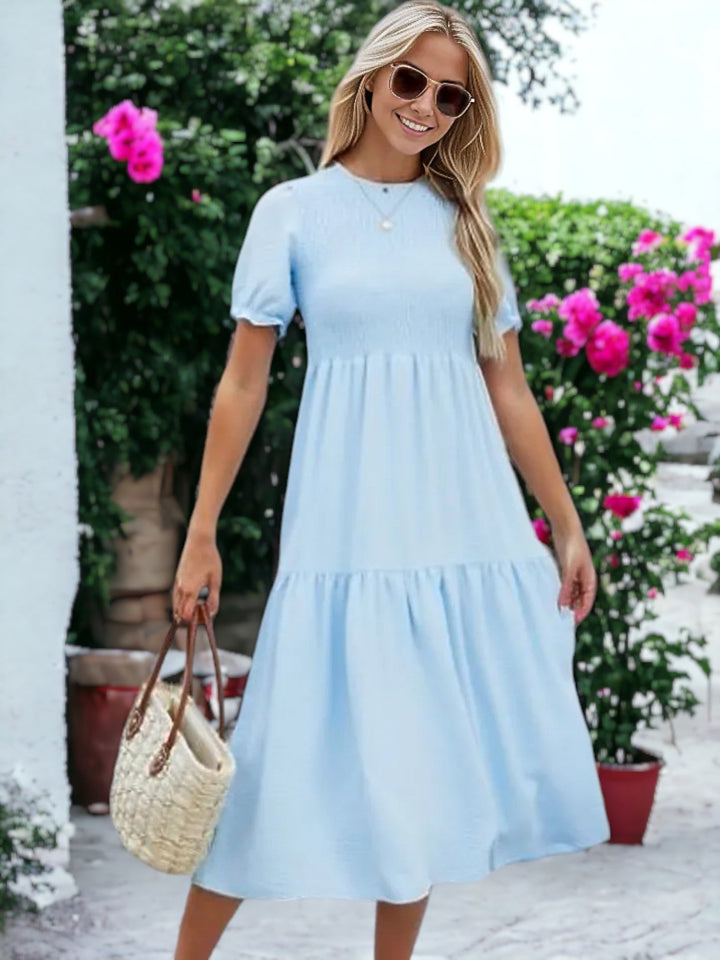 Round Neck Smocked Short-Sleeved Dress