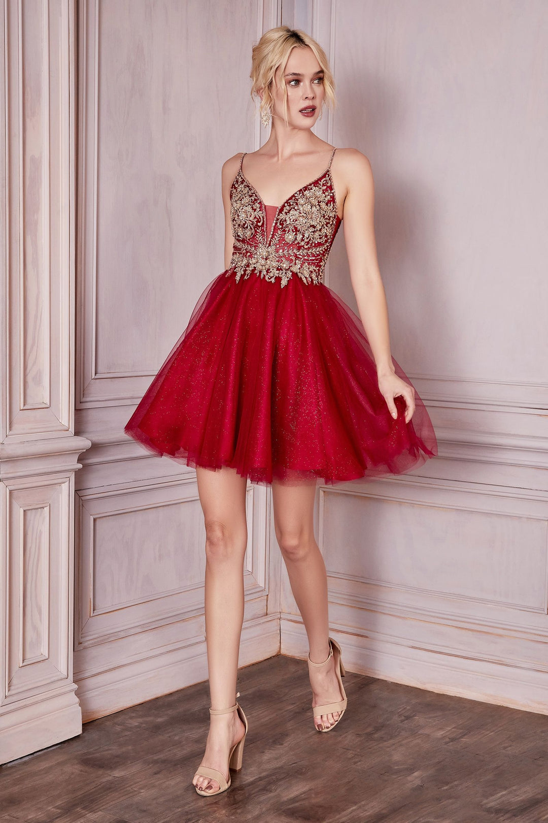 A-line Deep V-neck Bodice Spaghetti Straps Short Homecoming & Cocktail Dress CDCD0190