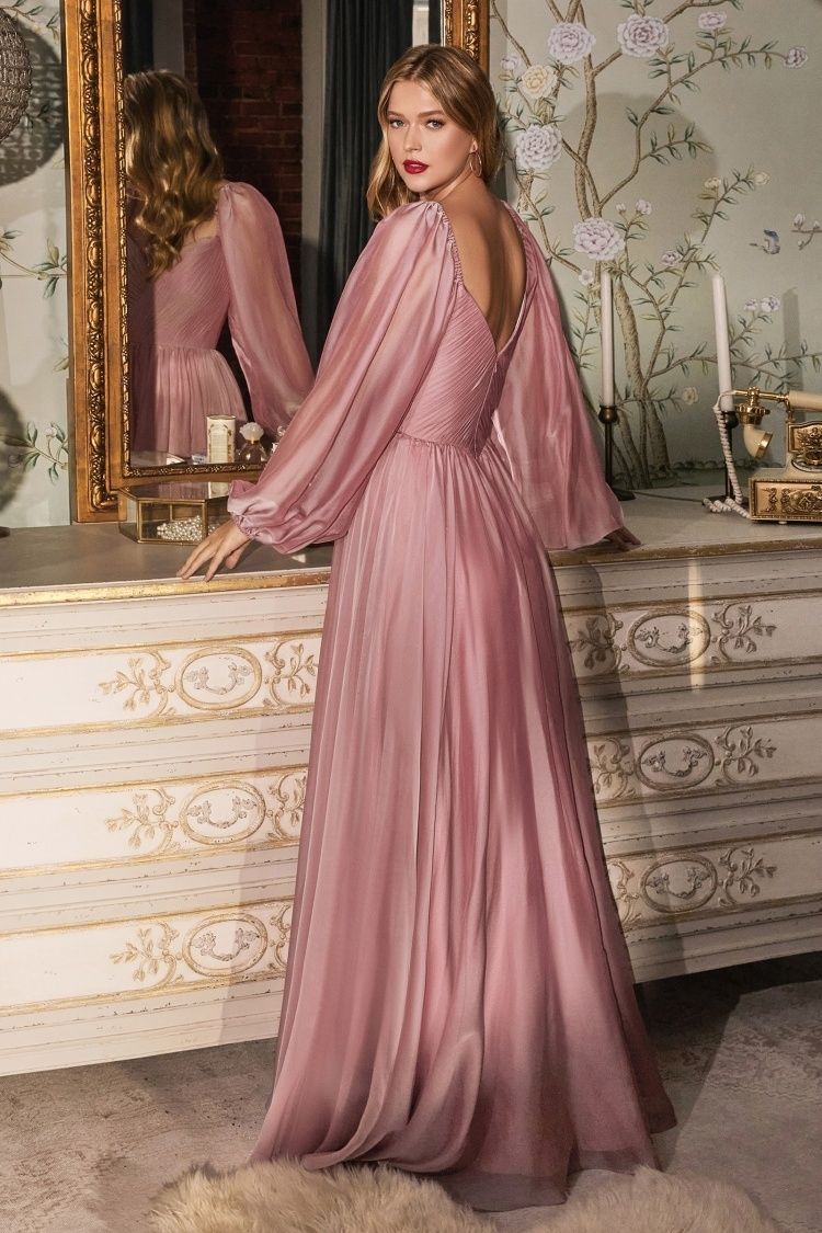 Chiffon A-line Long Sheer Sleeves On or Off Shoulder Neckline Long Prom & Evening Dress CDCD243