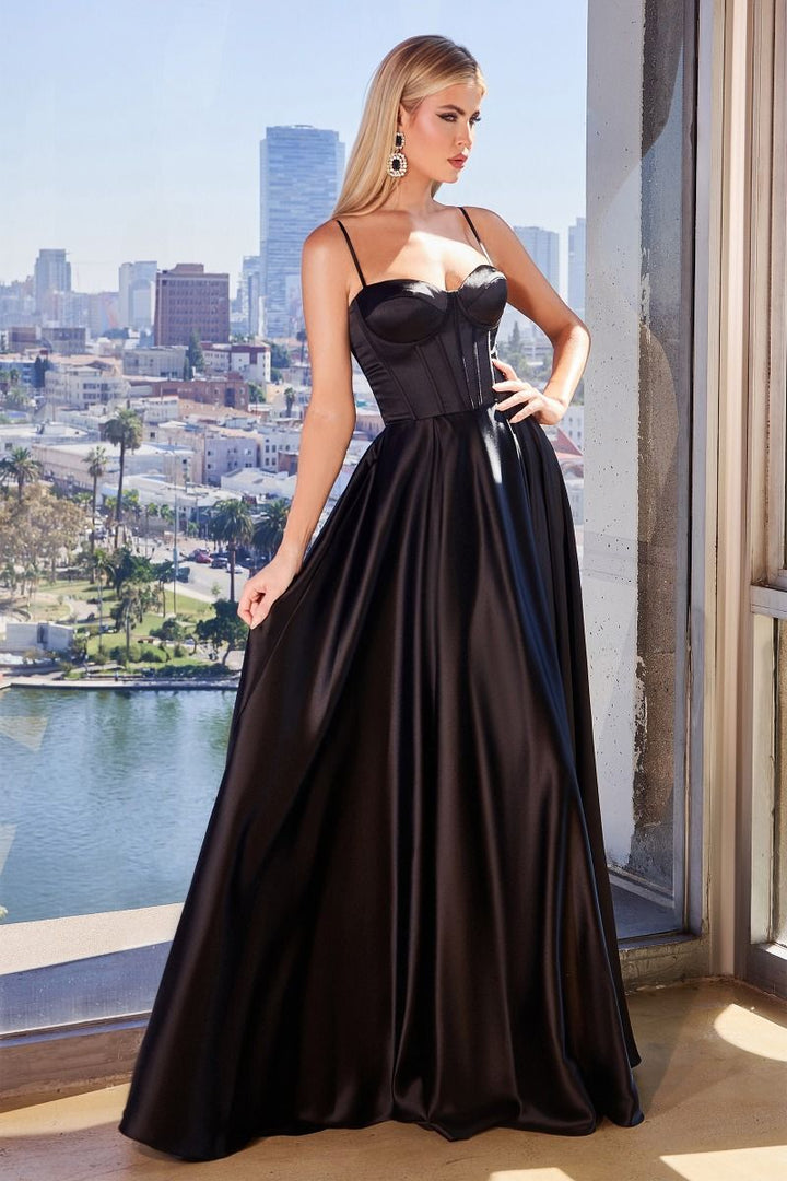 A-Line Satin Side Slit Bustier Spaghetti Straps Long Evening Dress CDCD337