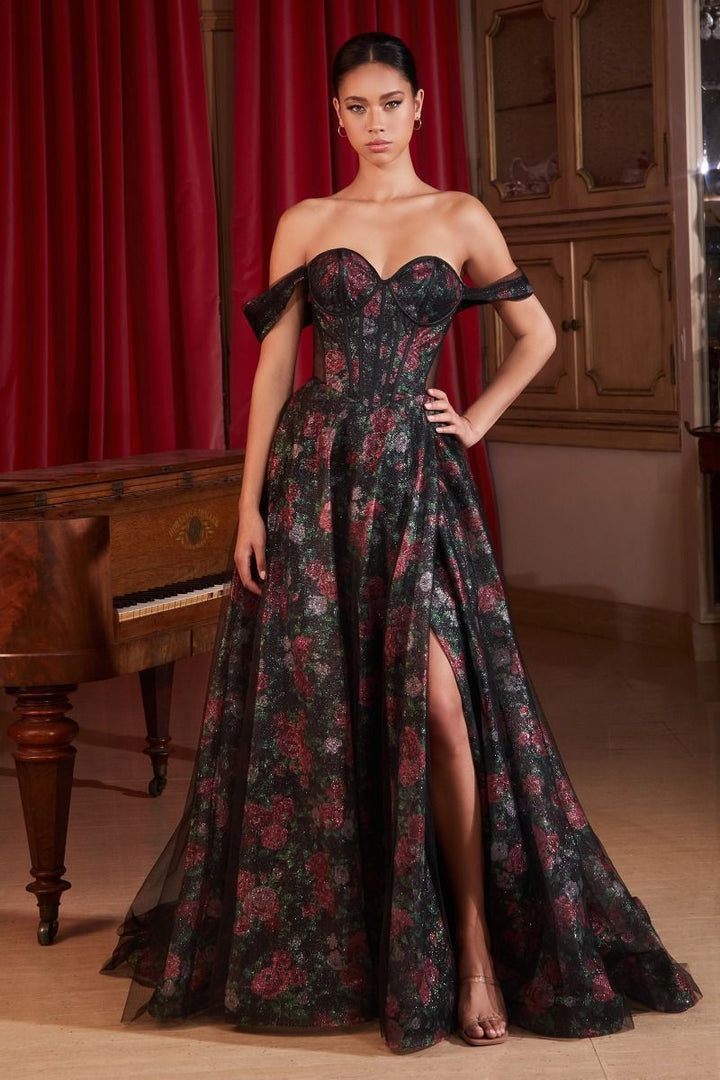 Black Off Shoulder Floral Underlay Side Slit Long Ball Dress CDCD806