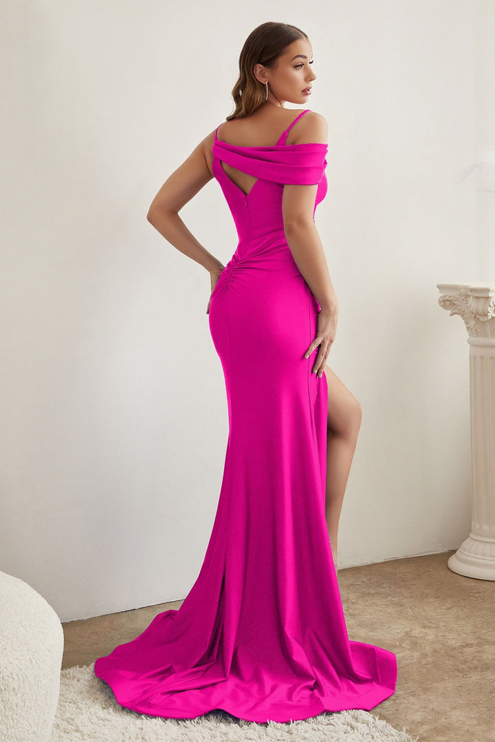 Assymetrical Shoulder V-Neck Glittery Bodice Sexy Stretch Long Prom Dress CDCD881