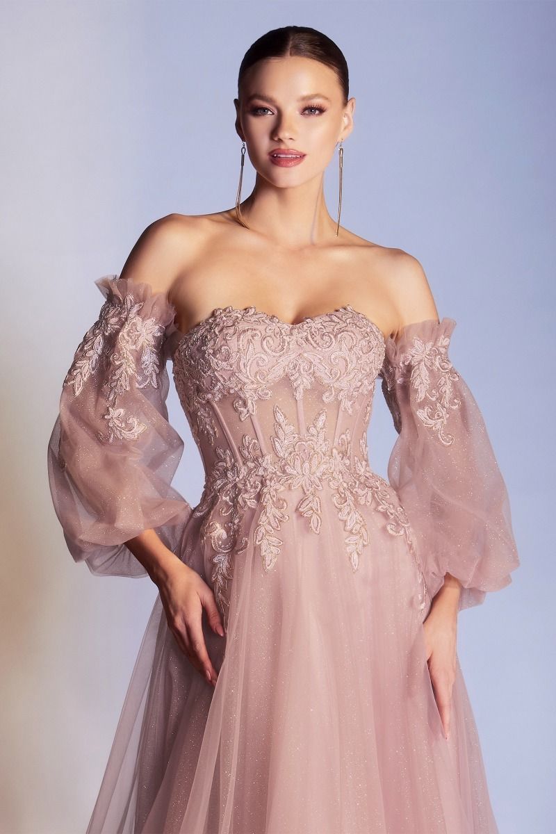 Corset Strapless Sheer Sweetheart Appliqué Laced Glittery A-line Long Prom & Ball Dress CDCD948