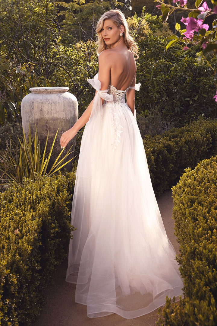 A-line Floral Bodice Bow Tied Straps and Corset Back Tulle Skirt Long Wedding Dress CDCD964W