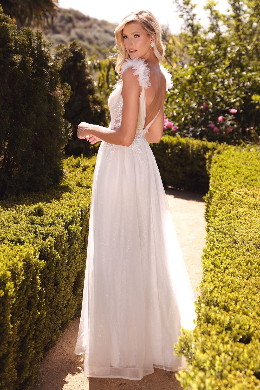 Bridal A-line Floral Appliqué Waistline V-neckline Backless Bodice Long Wedding Dress CDCD971W