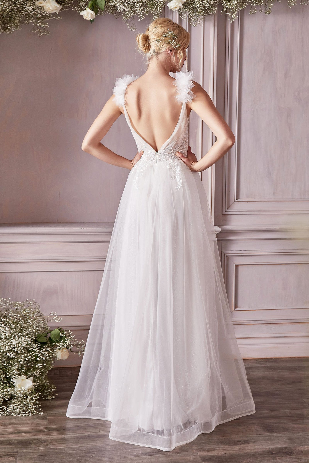 Bridal A-line Floral Appliqué Waistline V-neckline Backless Bodice Long Wedding Dress CDCD971W