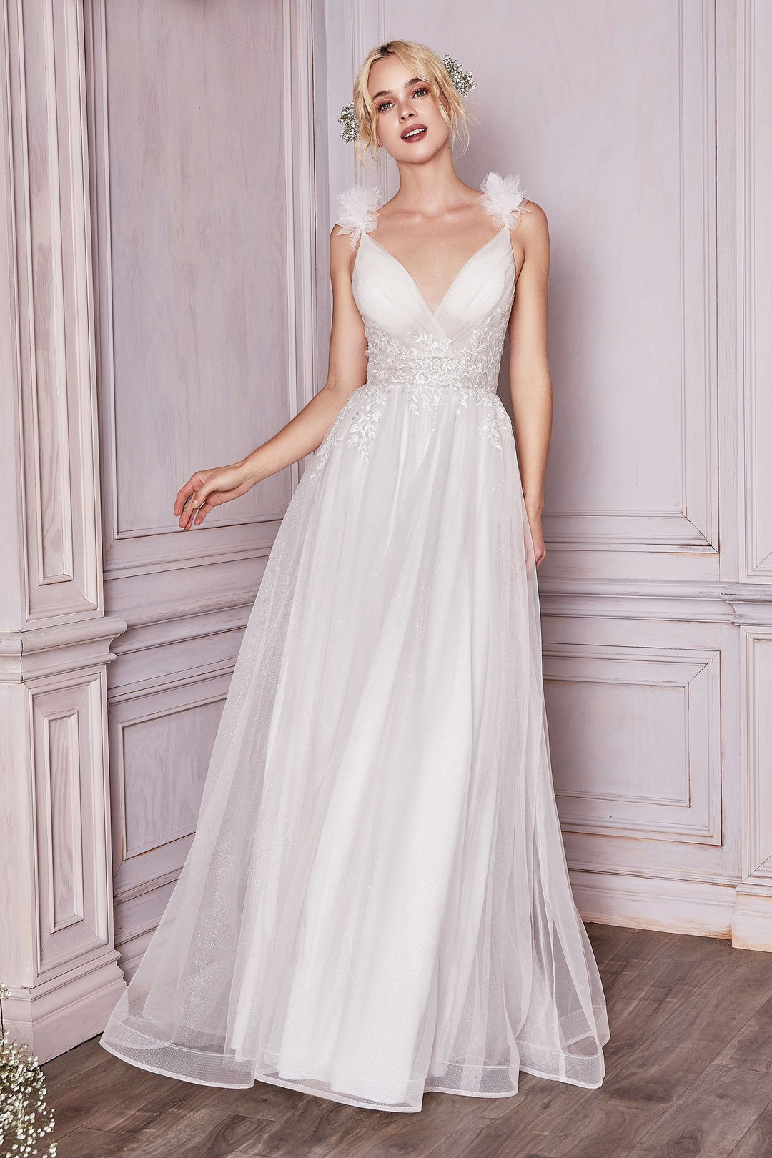 Bridal A-line Floral Appliqué Waistline V-neckline Backless Bodice Long Wedding Dress CDCD971W