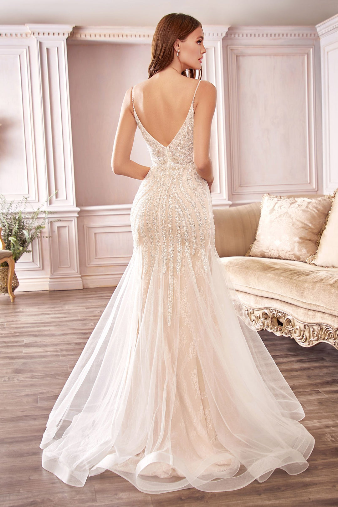 Beaded Mermaid Deep V-Neck Embroidered Bodice Open Back Long Wedding Dress CDCDS401