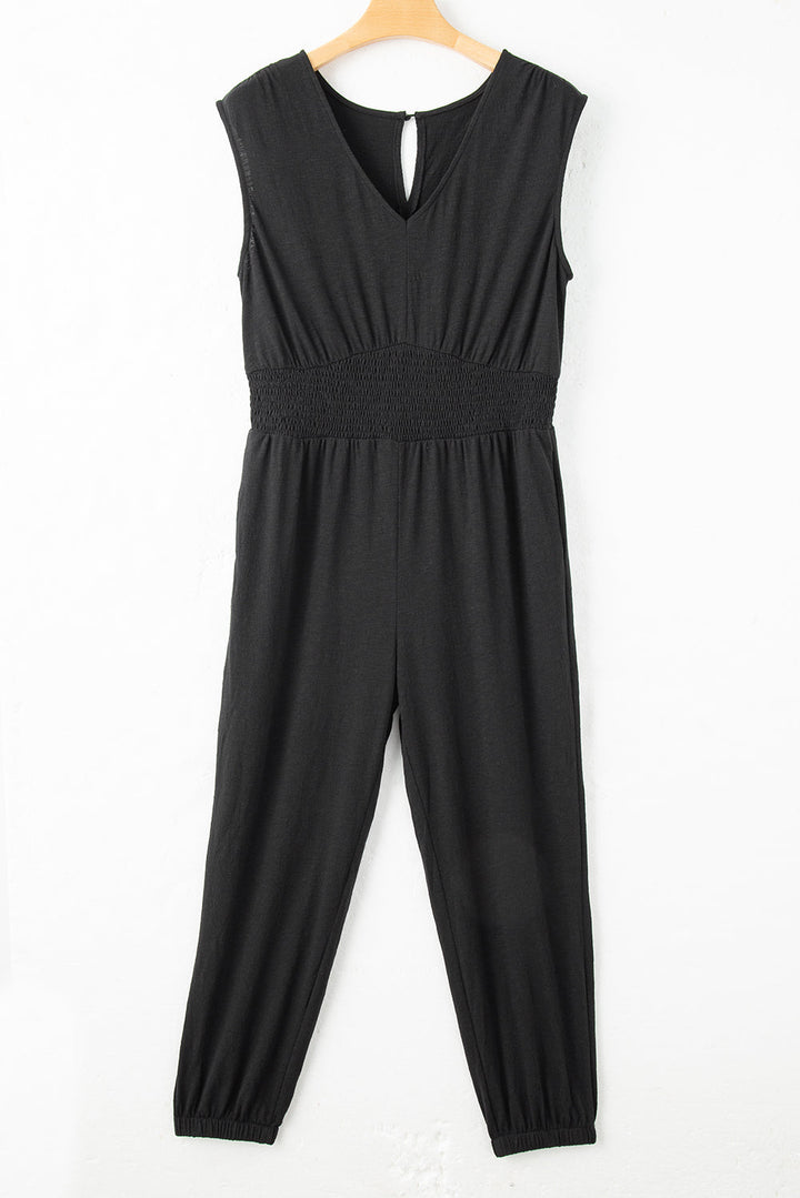 Plus Smocked High Waist Sleeveless V Neck Jumpsuit by Poppy Lee Lane