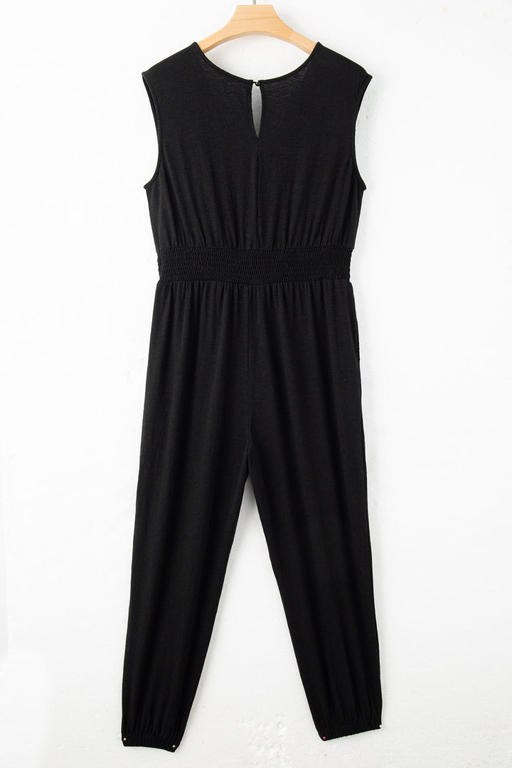 Plus Smocked High Waist Sleeveless V Neck Jumpsuit by Poppy Lee Lane