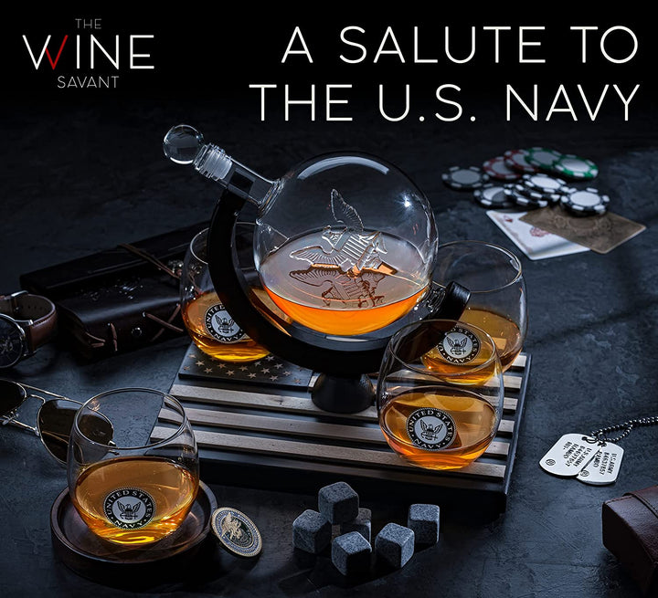 U.S. Navy Globe Whiskey Decanter Set with 4 Liquor Glasses - Navy Veteran Gift Set with Wood Base and 9 Whiskey Stones - Navy Gifts for Men, U.S.A Flag - Bourbon and Scotch Military Gifts for Dad by The Wine Savant