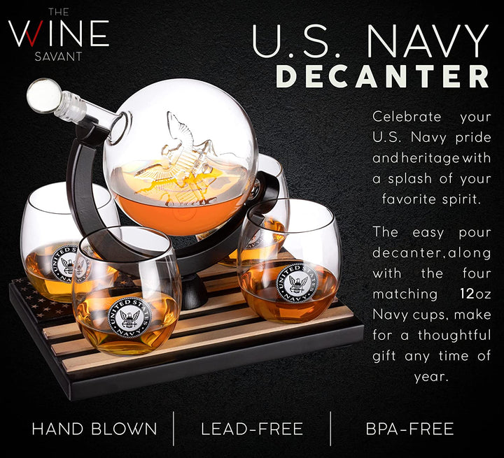 U.S. Navy Globe Whiskey Decanter Set with 4 Liquor Glasses - Navy Veteran Gift Set with Wood Base and 9 Whiskey Stones - Navy Gifts for Men, U.S.A Flag - Bourbon and Scotch Military Gifts for Dad by The Wine Savant