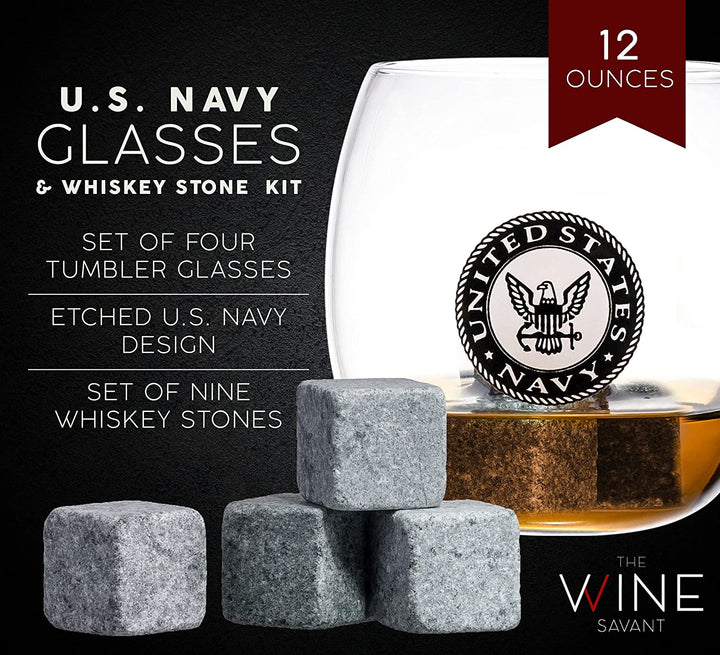 U.S. Navy Globe Whiskey Decanter Set with 4 Liquor Glasses - Navy Veteran Gift Set with Wood Base and 9 Whiskey Stones - Navy Gifts for Men, U.S.A Flag - Bourbon and Scotch Military Gifts for Dad by The Wine Savant