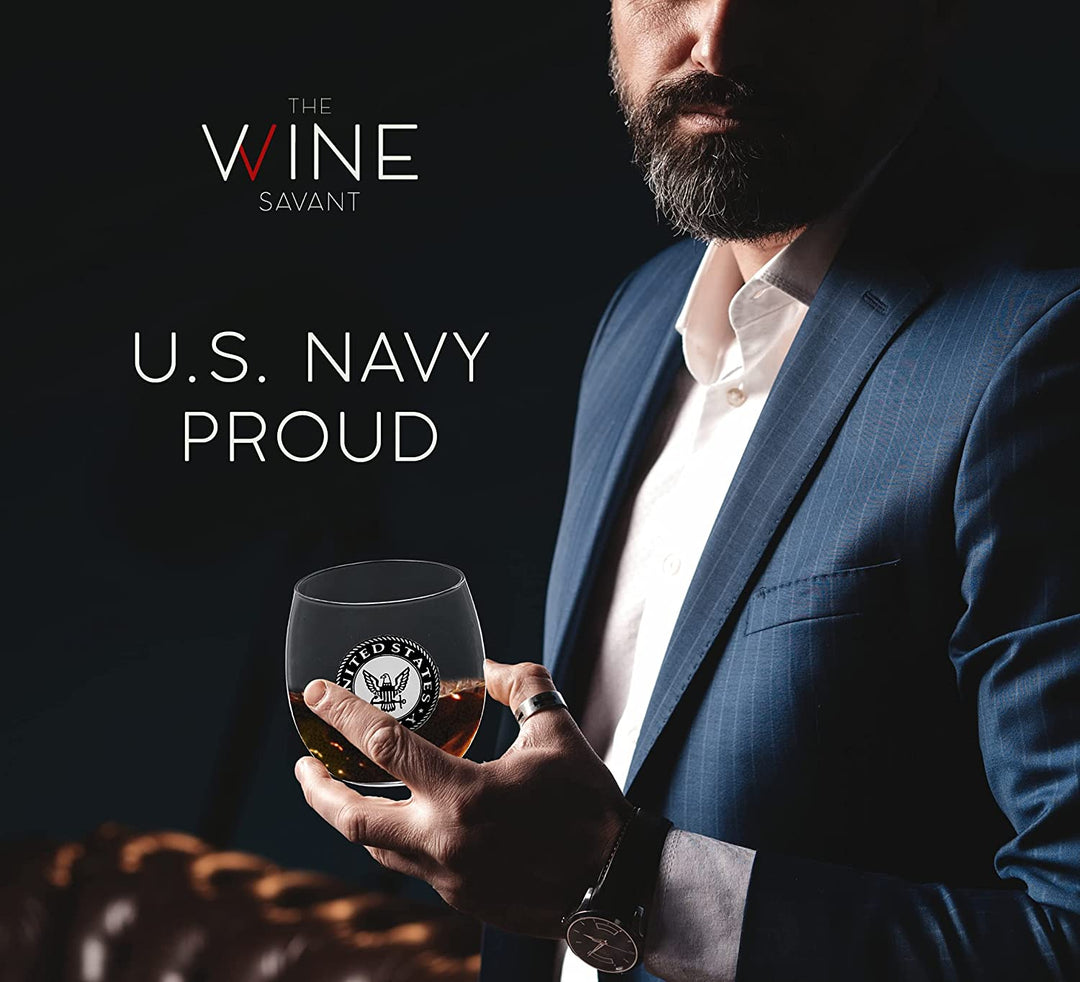 U.S. Navy Globe Whiskey Decanter Set with 4 Liquor Glasses - Navy Veteran Gift Set with Wood Base and 9 Whiskey Stones - Navy Gifts for Men, U.S.A Flag - Bourbon and Scotch Military Gifts for Dad by The Wine Savant