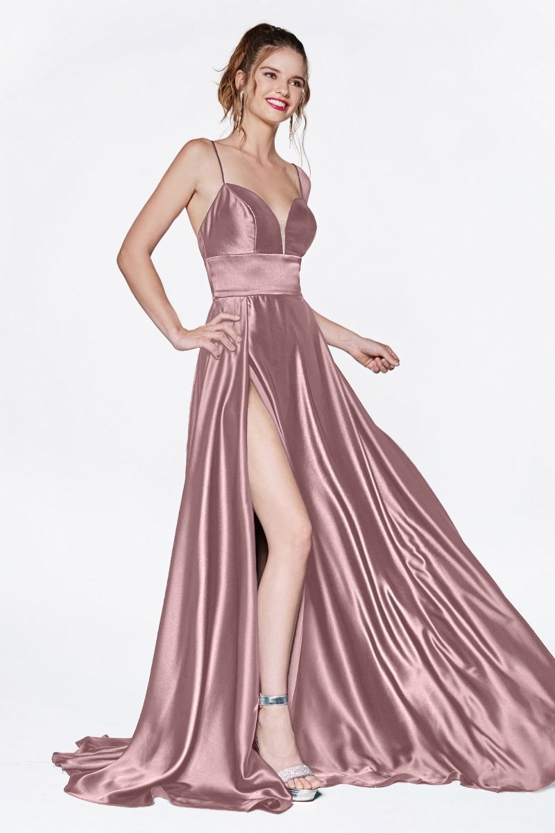 A-line Satin Illusion V-neckline Strap Fitted Long Prom & Bridesmaid Dress CDCJ523