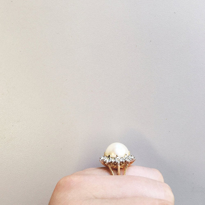 Vintage Ring 1970s Pearl Bead and Swarovski Crystal Ring 18k Gold  #R1782 by PVD Vintage Jewelry