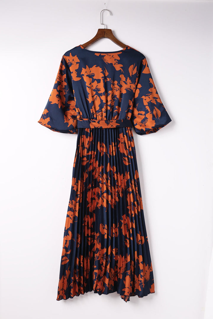 V Neck Wrap Pleated Maxi Floral Dress with Tie