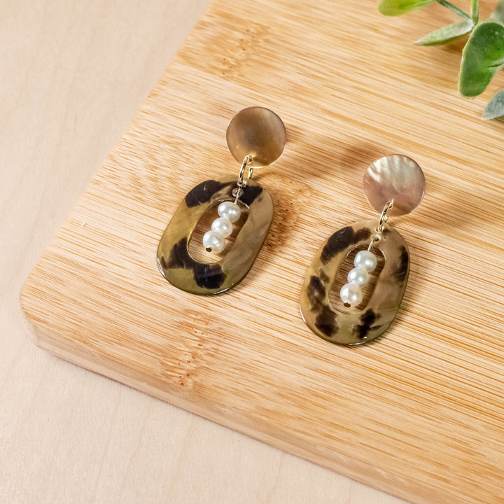 Mother of Pearl Oval Dangle Earrings - Brown Tiger | LIKHÂ by LIKHÂ