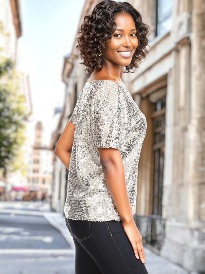 One Shoulder Cap Sleeve Sequin Top