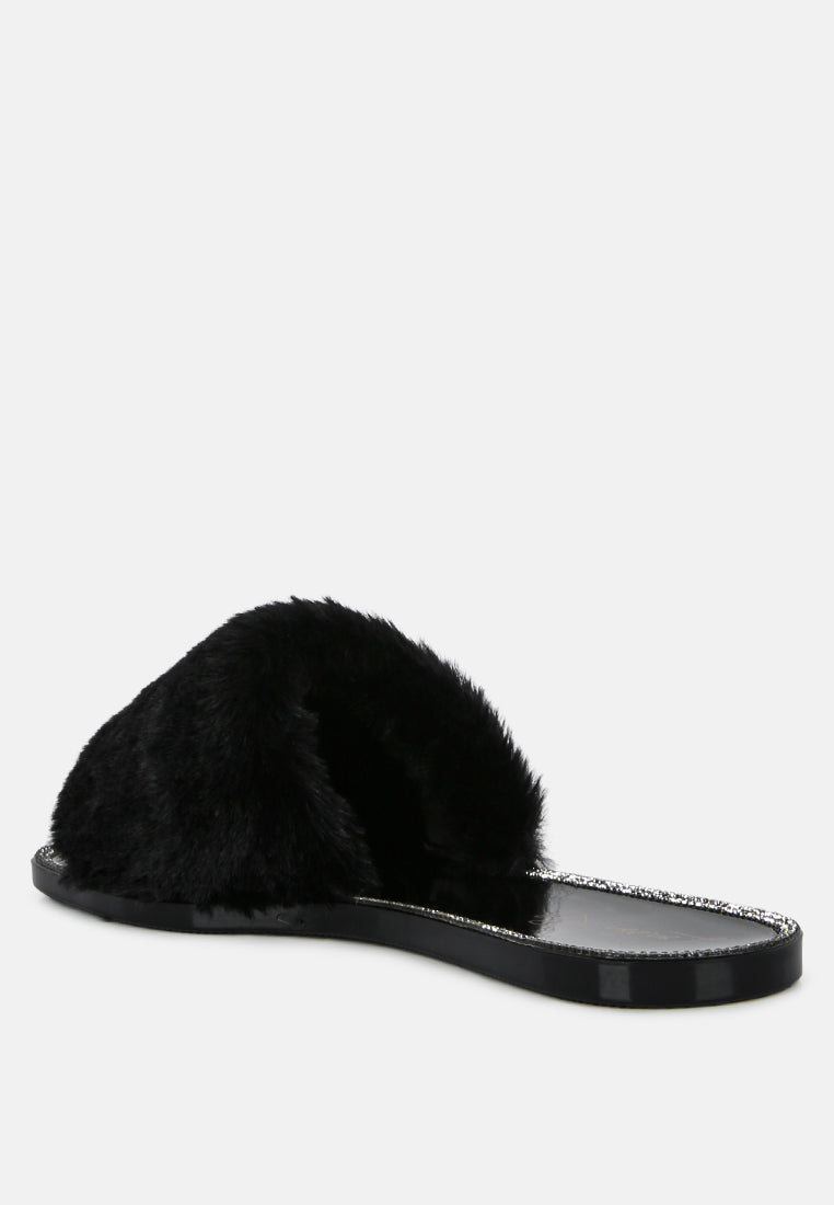 faux fur diamante detail jelly flats by London Rag