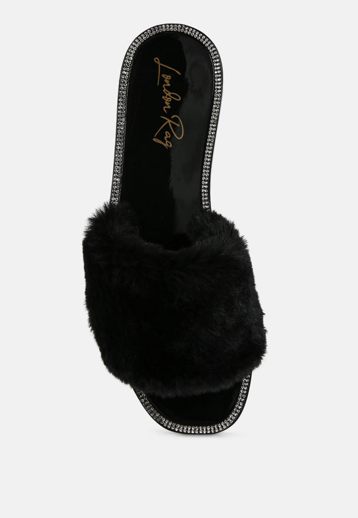 faux fur diamante detail jelly flats by London Rag