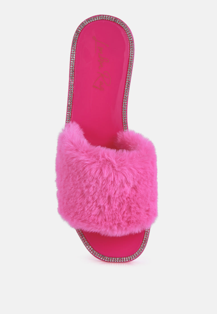 faux fur diamante detail jelly flats by London Rag