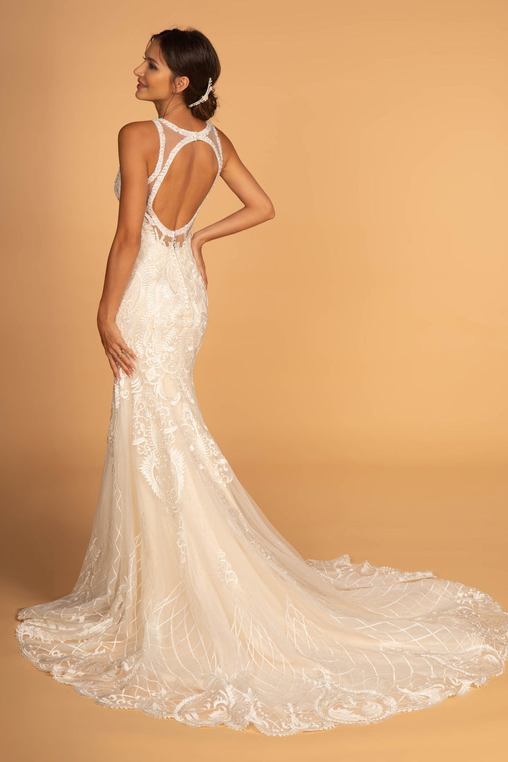 Cut-Out Back Embroidered Mesh Mermaid Long Wedding Dress GLGL2598