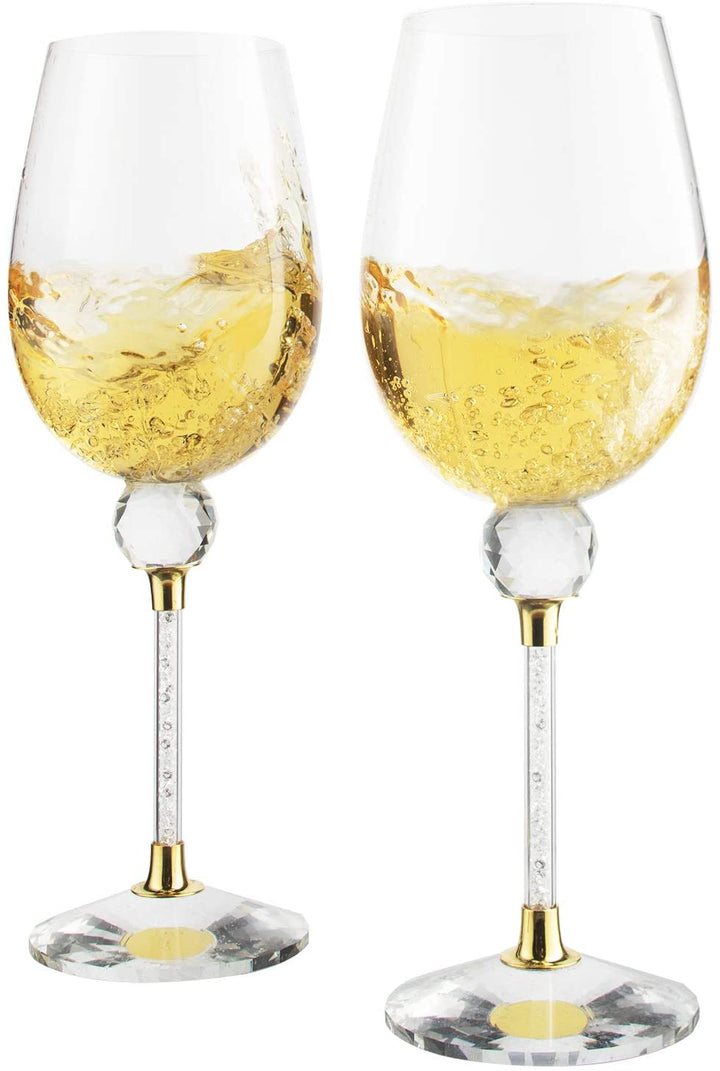 The Wine Savant Rhinestone DIAMOND Studded Wine Glasses 16 Ounces Set of 2 10-inches Tall, Gold and Laser Cut Sparkling Wine Wedding Glasses, Elegant Crystal - For Everyday, Weddings, Parties by The Wine Savant