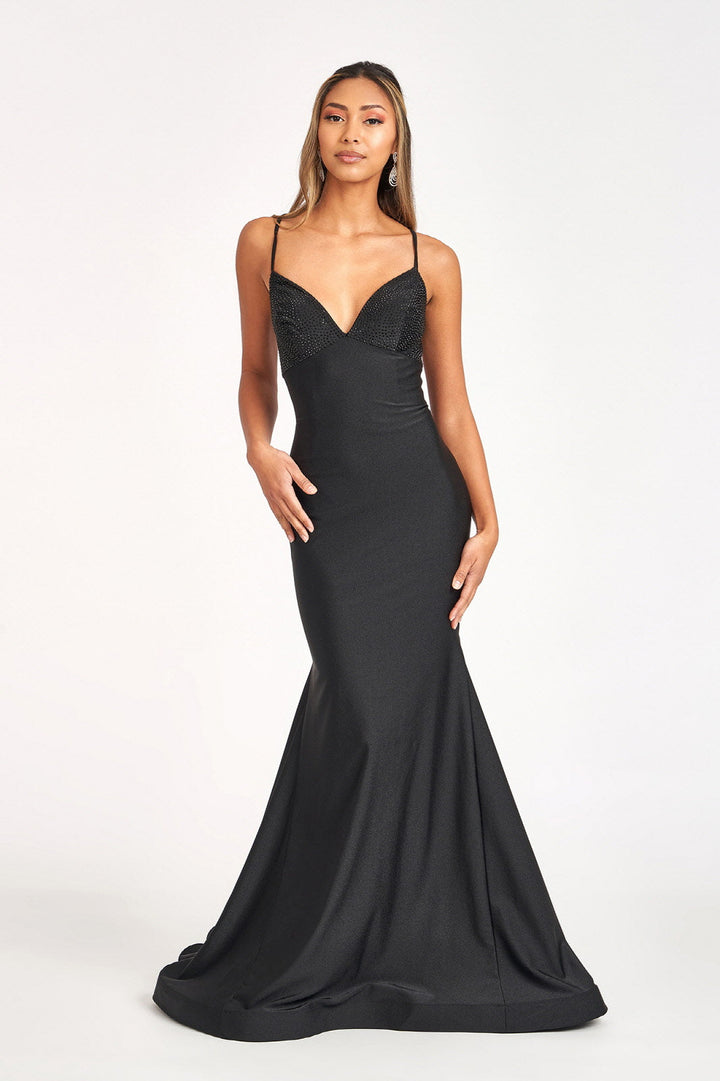 Beads Embellished Jersey Mermaid w/ Strap Lace-up Back Long Prom Dress GLGL3035