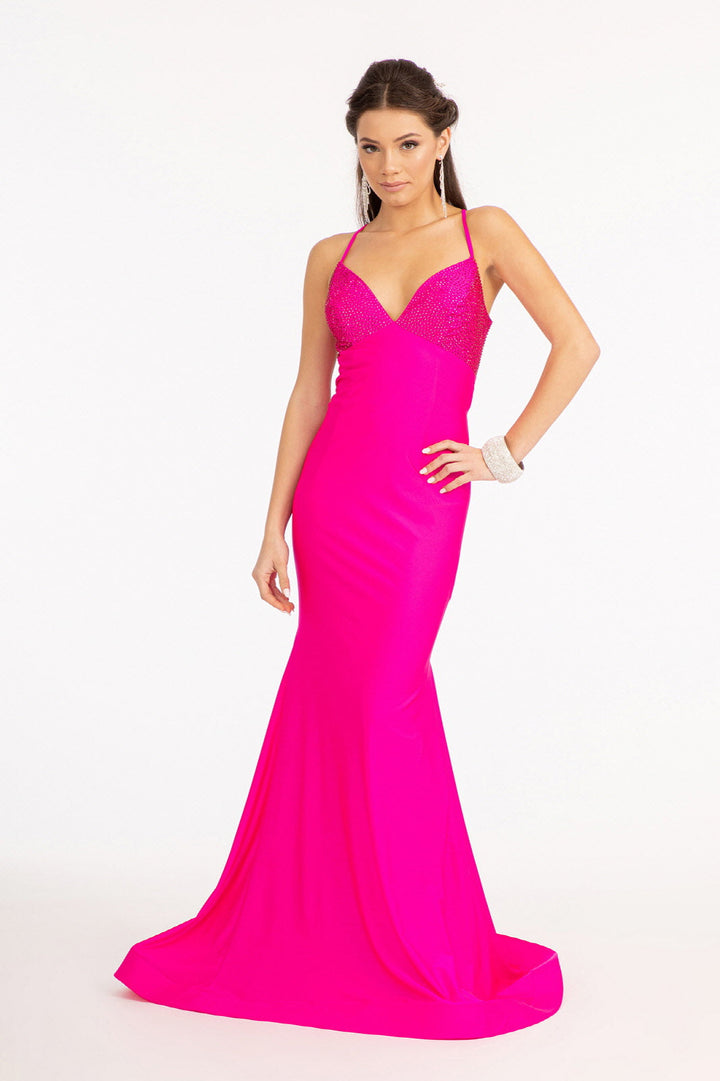 Beads Embellished Jersey Mermaid w/ Strap Lace-up Back Long Prom Dress GLGL3035