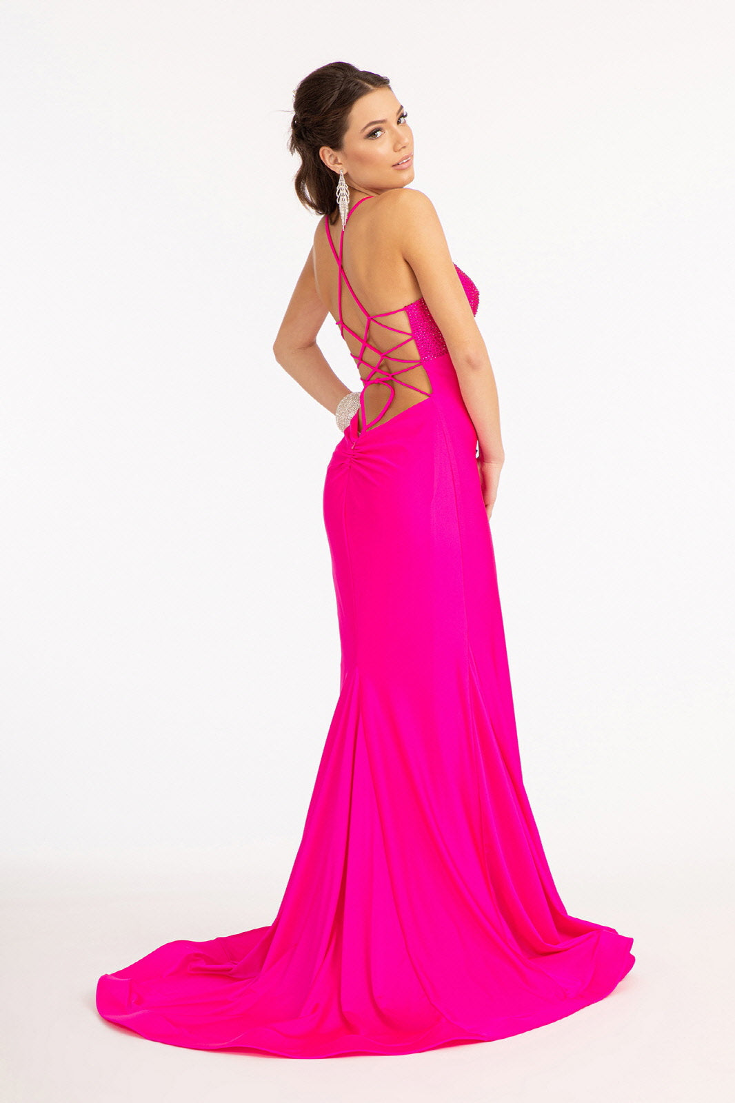 Beads Embellished Jersey Mermaid w/ Strap Lace-up Back Long Prom Dress GLGL3035