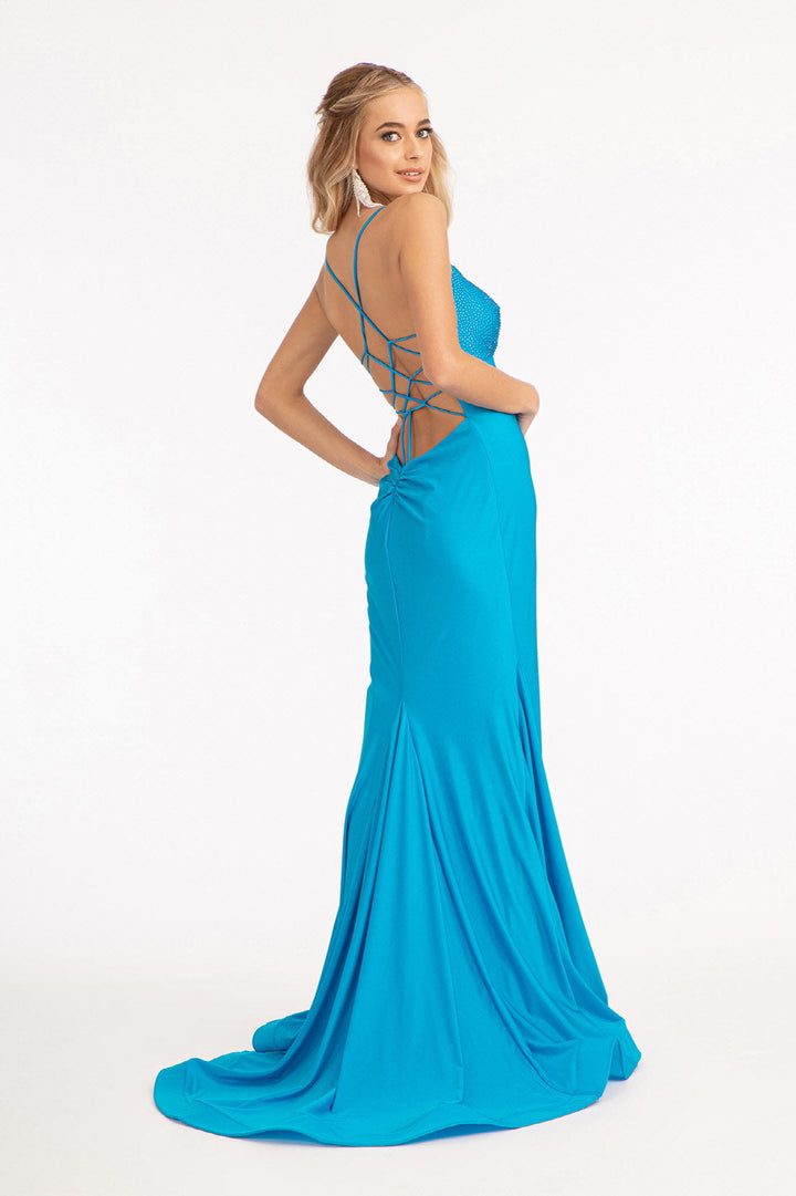 Beads Embellished Jersey Mermaid w/ Strap Lace-up Back Long Prom Dress GLGL3035