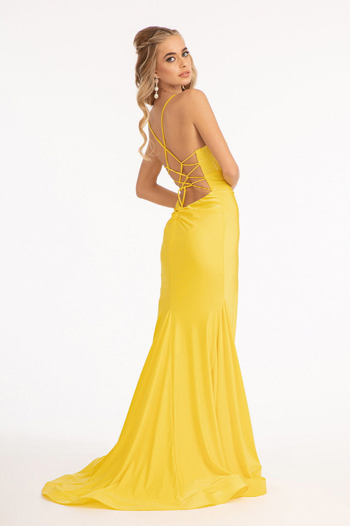 Beads Embellished Jersey Mermaid w/ Strap Lace-up Back Long Prom Dress GLGL3035