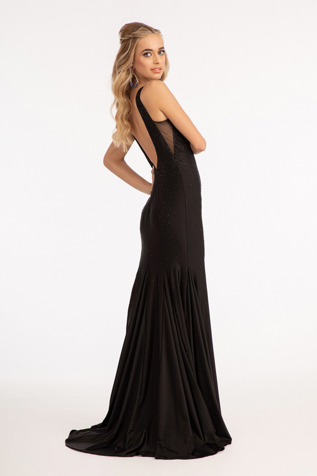 Beads Embellished Jersey Mermaid w/ Open Back and Sheer Sides Long Prom Dress GLGL3037