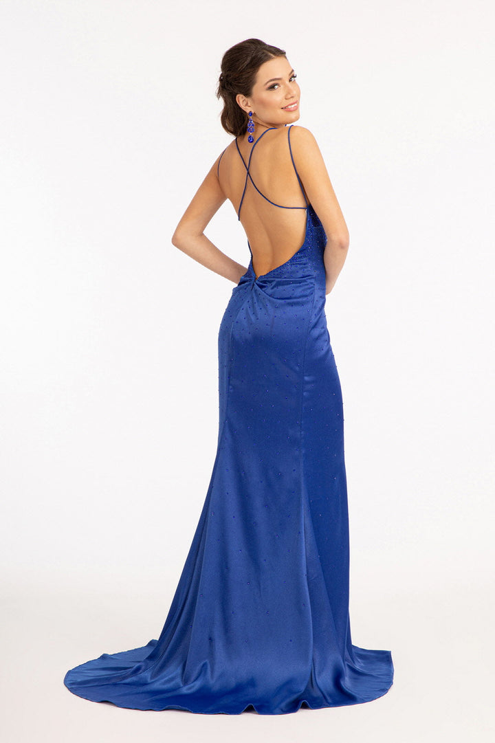 Beads Embellished Satin Mermaid w/ Pleated Chest and Side Slit Long Prom Dress GLGL3038