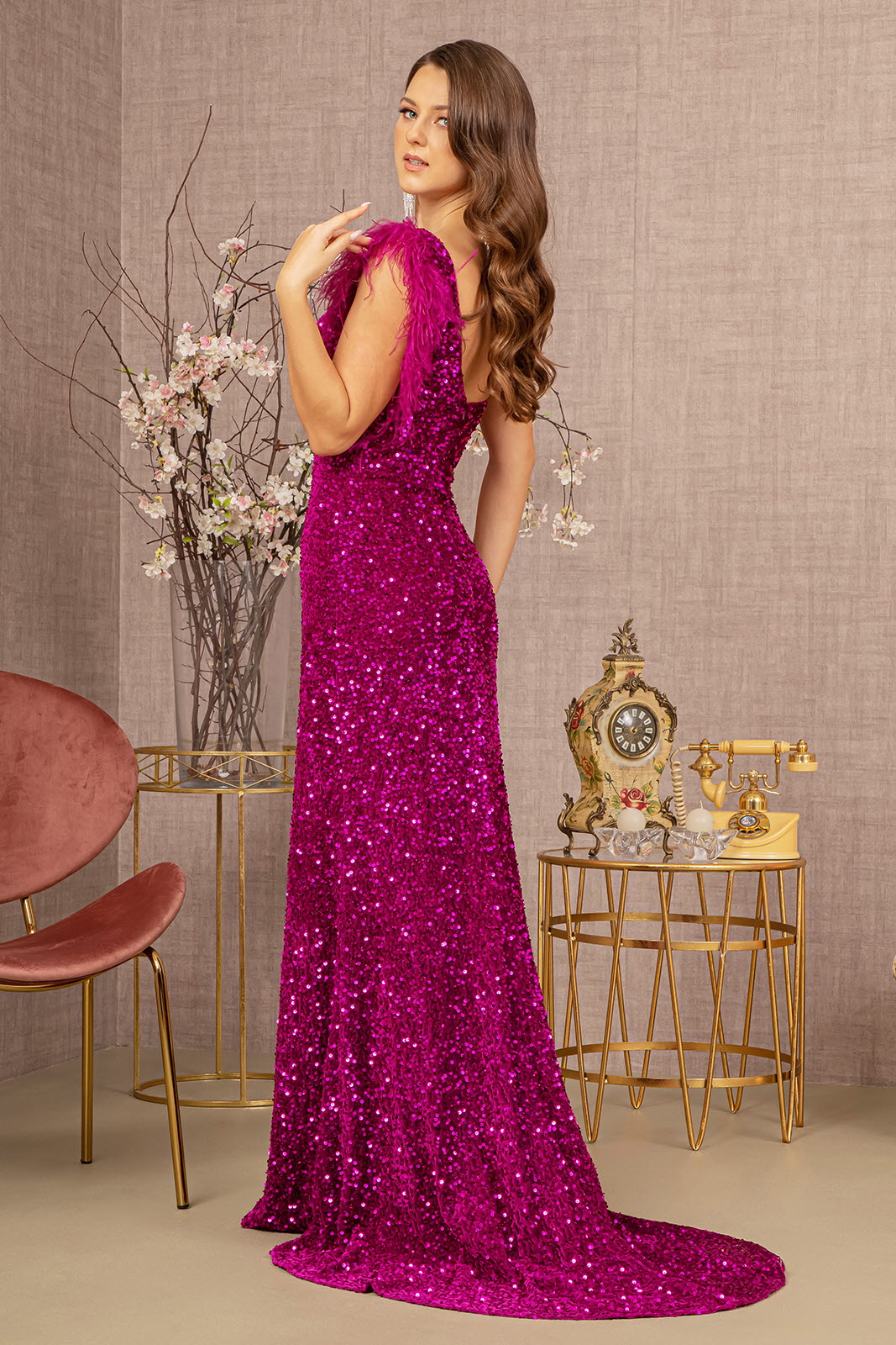 Asymmetric Sleeveless Feather Sequin Velvet Mermaid Long Prom Dress GLGL3154