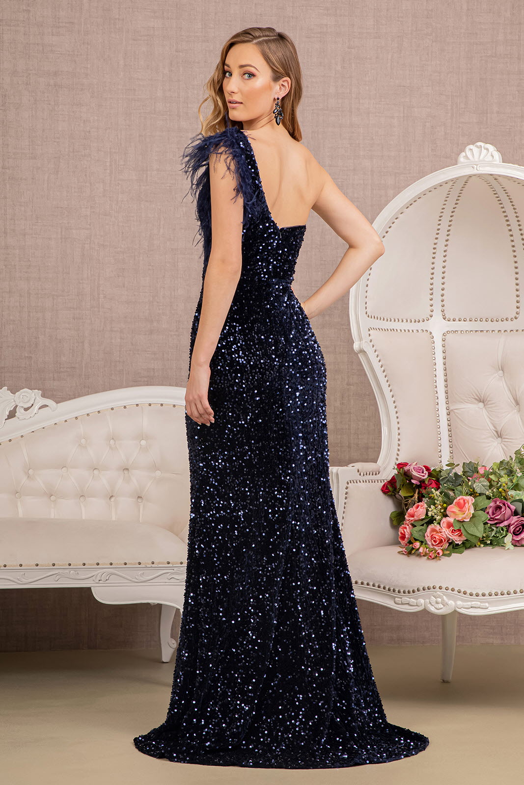 Asymmetric Sleeveless Feather Sequin Velvet Mermaid Long Prom Dress GLGL3154